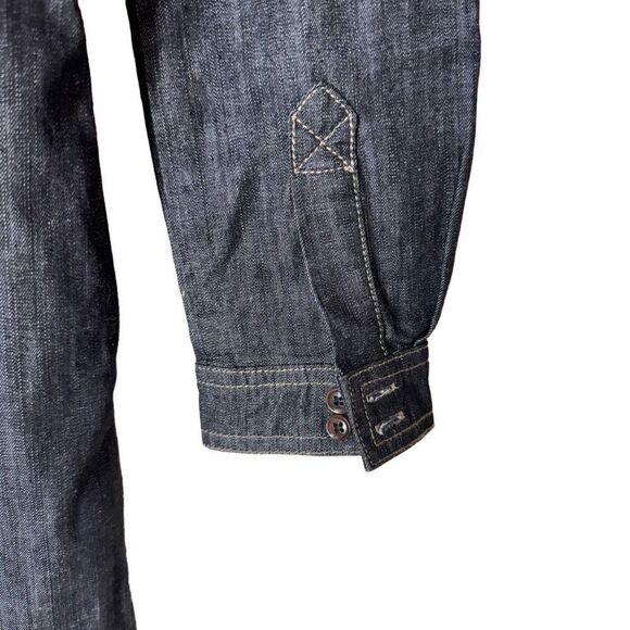 Boden Denim Shirt Dress in Black Wash Red Velvet Trim Half Button Front 8R - Picture 10 of 13